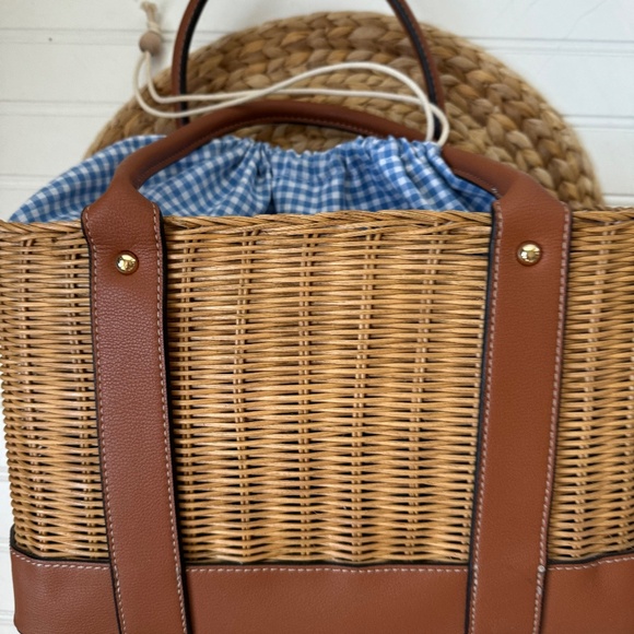 Tommy Bahama Wicker Straw Rattan Purse Natural Color Gingham Blue & White NWOT - Picture 3 of 6